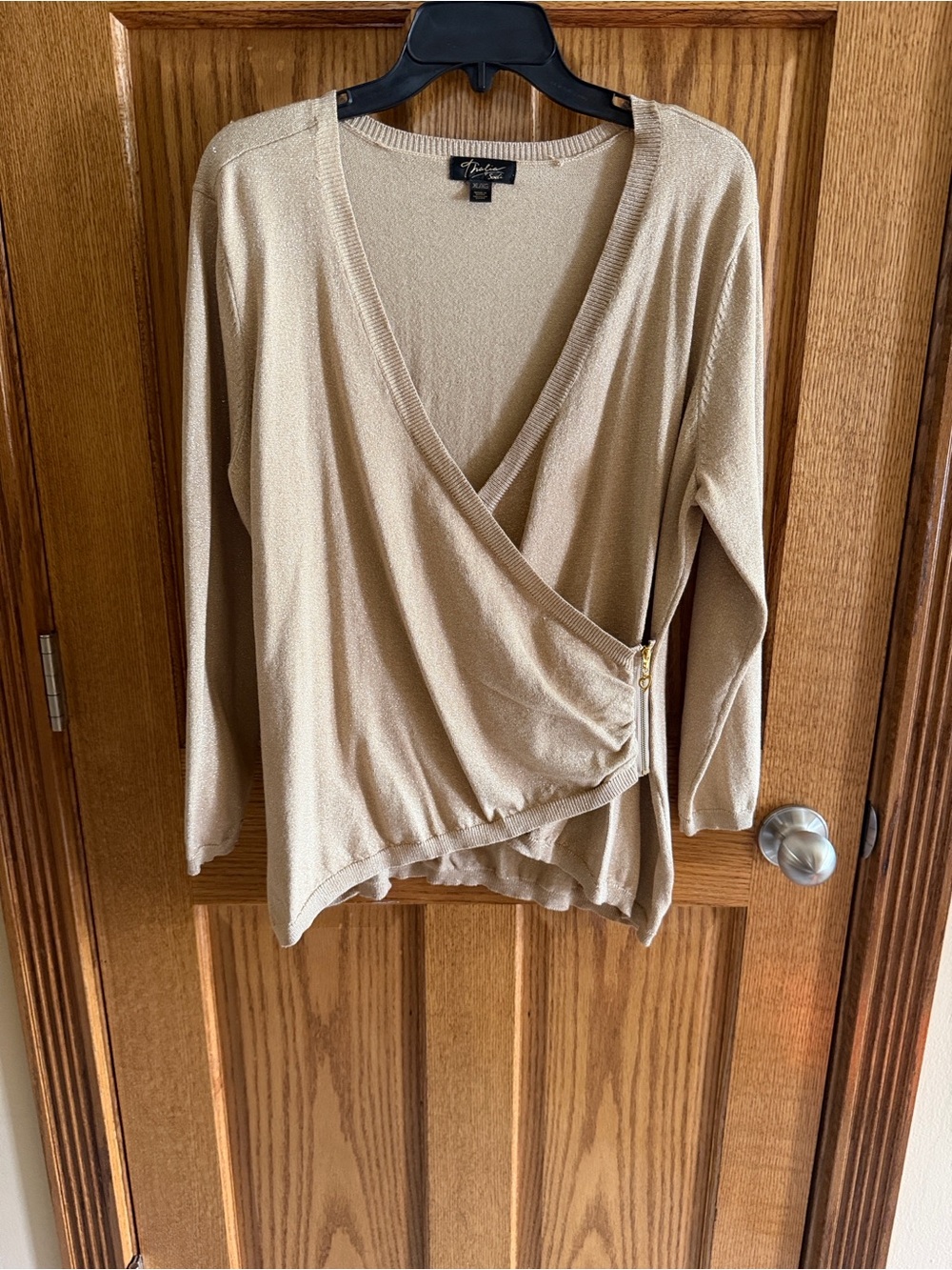 Thalia& Sodi Xl Wrap-Front Long Sleeve Top in Beige Gold